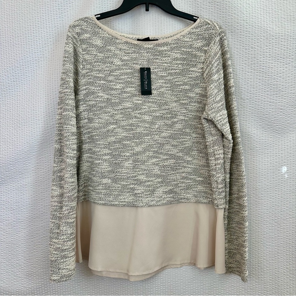 WHITE HOUSE BLACK MARKET Cream Gray Layered Hem Knit Sweater Top NWT Large